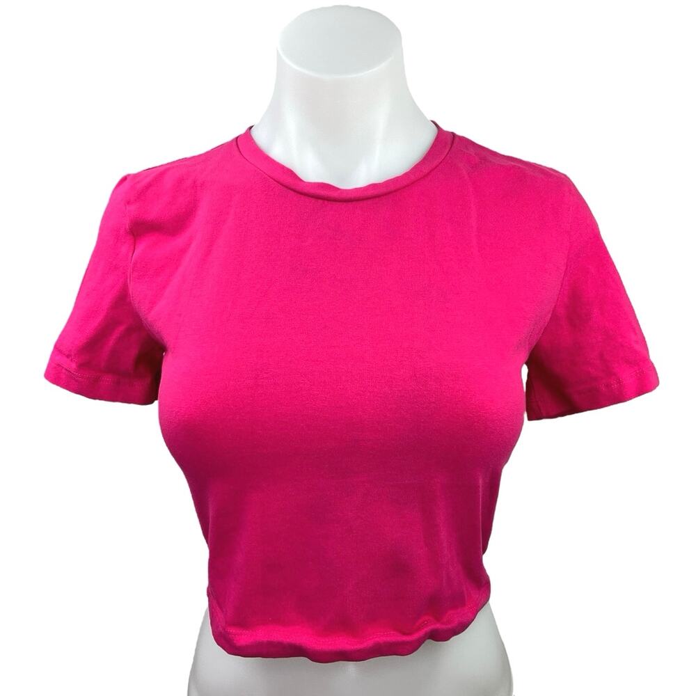 Zara Pink Plain Simple Stretch Crew Neck Short Sleeve Crop T Shirt Top Tee Sz M